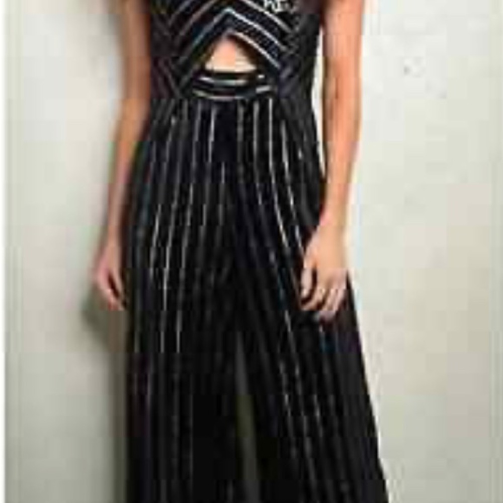 Pink Owl Black Velvet Metallic Striped Wide Leg Women's Jumpsuit-Size L - Picture 12 of 12